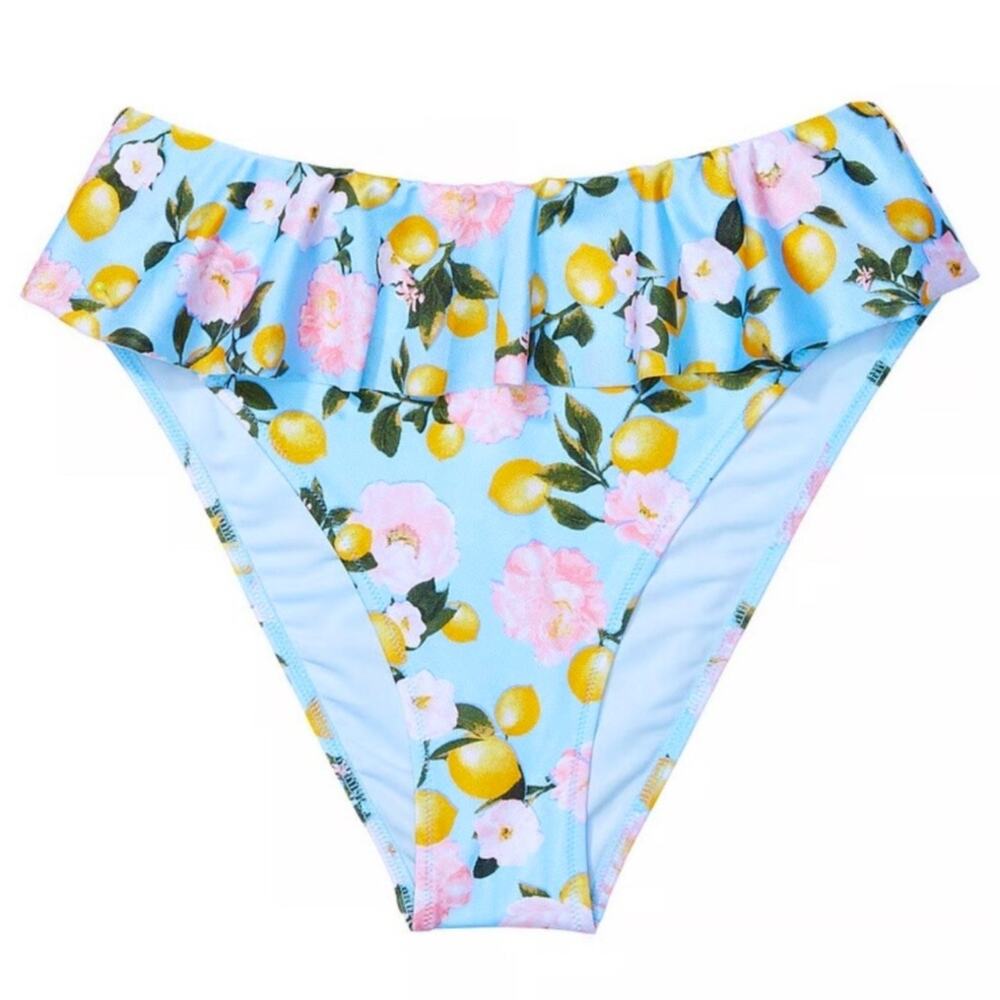 Victoria's Secret Swim Blue Lemon Floral Ruffle High Waist Bikini Bottom NWT‎ M